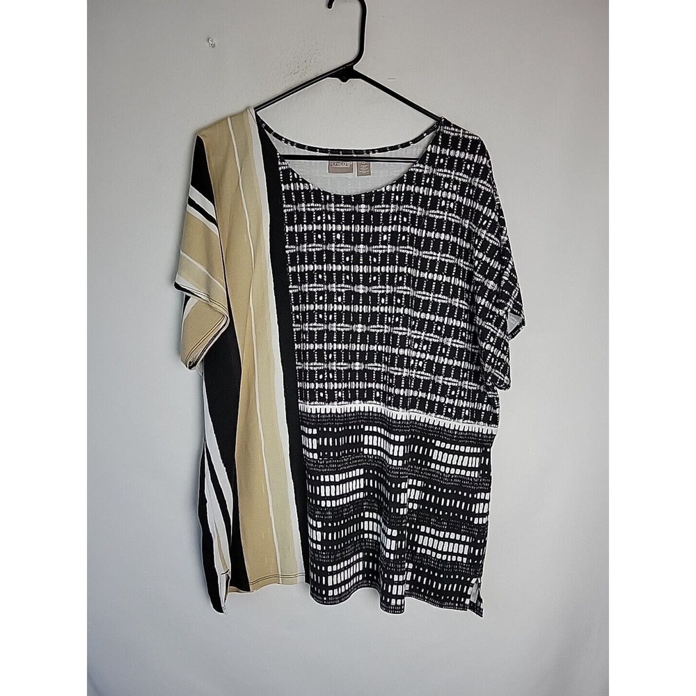 Chico's Black Beige Mixed Media Short Sleeve Cotton Modal Blouse Women's 3 Large